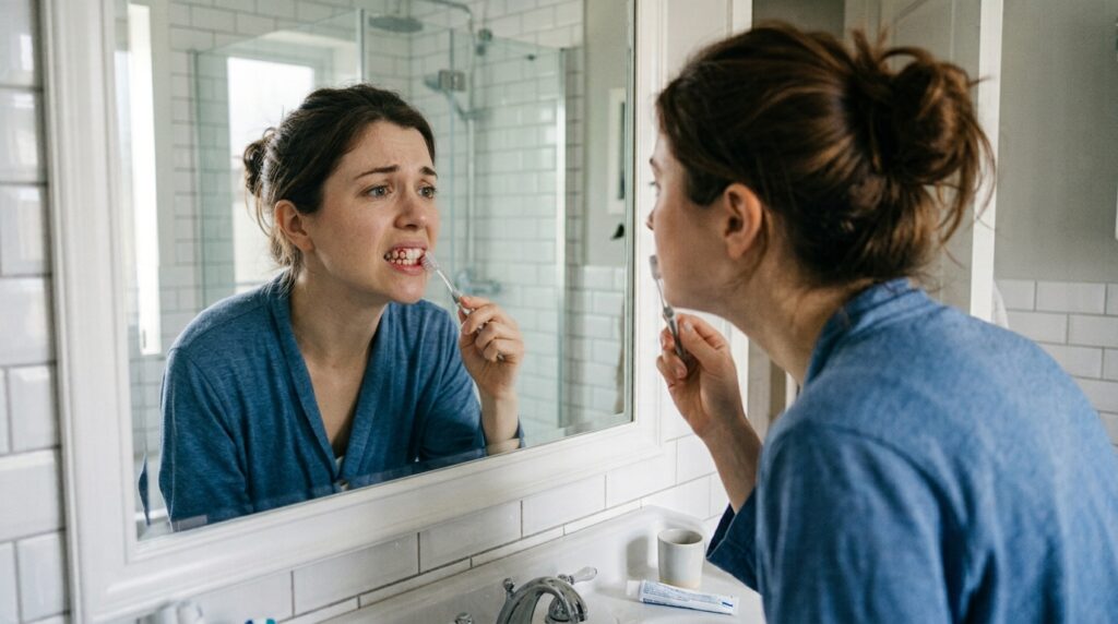 Close-up of a woman brushing her teeth with visible blood on her gums.