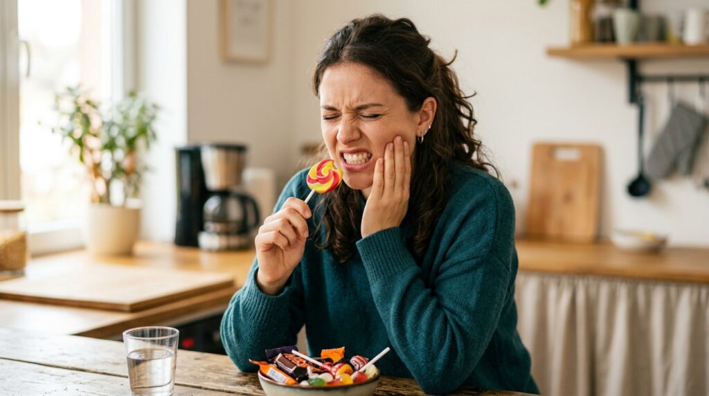 A lady suffering from tooth pain and sensitivity while eating Halloween candy.